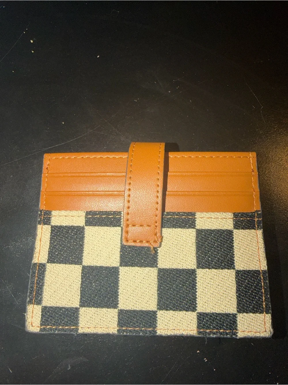 Checkerboard Canvas Card Holder with Tan Leather Trim